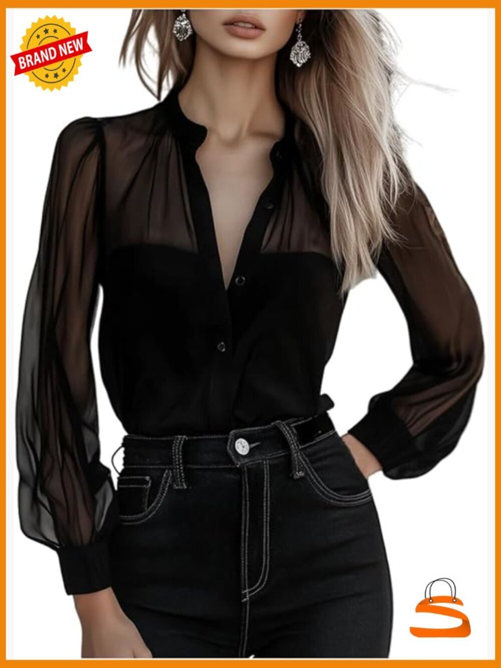 Women's Sheer Button Up Blouse Long Sleeve Business Casual Work Top